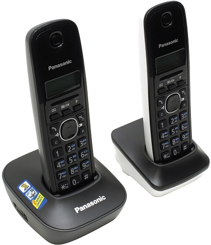 Panasonic KX-TG1612 RU-1, недорогой радиотелефон (серый/белый) с двумя трубками и русским меню